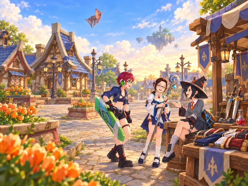 Three Aerlore adventurers share a happy moment at a town market, with flowers and blue-roofed houses.